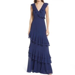 LULUS Majesty Ruffle Gown Navy Blue Small NEW